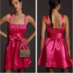 Anthropologie MAEVE Bow-Tie Satin Mini Dress Hot Pink Party Cocktail 8 NWT